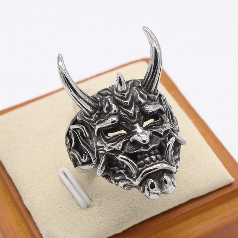 Anillo de Calavera con Máscara de Hannya Retro para Hombre Gothic Punk Anillo de Motorista de Acero de Titanio Vintage