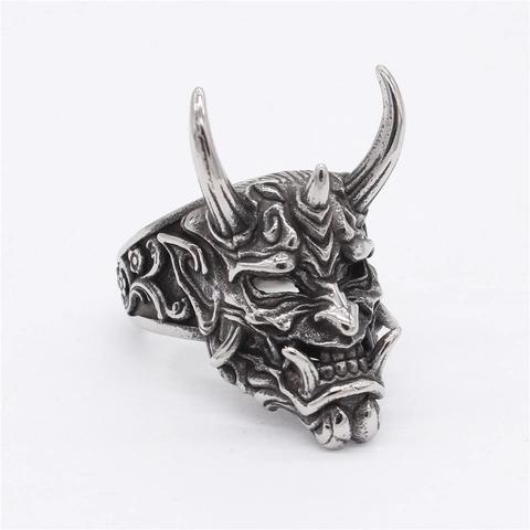 Anillo de Calavera con Máscara de Hannya Retro para Hombre Gothic Punk Anillo de Motorista de Acero de Titanio Vintage