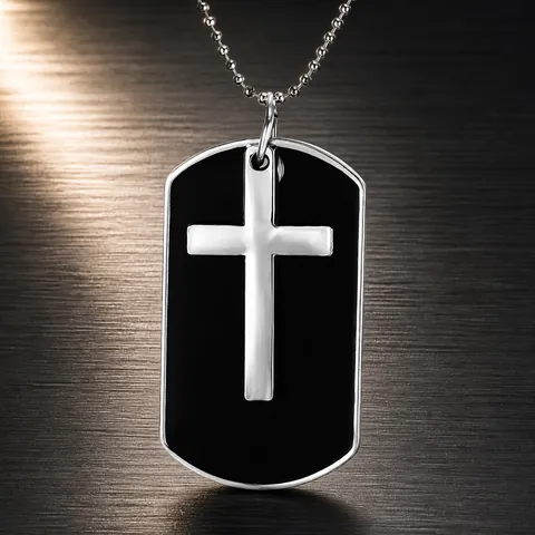 Men's Vintage Alloy Cross Dog Tag Pendant Necklace Classic Military Style Enamel Cross Necklace For Men With Ball Chain Streetwear Jewelry