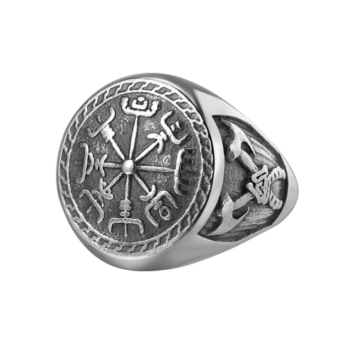 Anillo de Acero de Titanio Vikingo Nórdico Vegvisir Brújula Hacha Para Hombre Anillo de Banda Punk Retro Envejecido Joyería