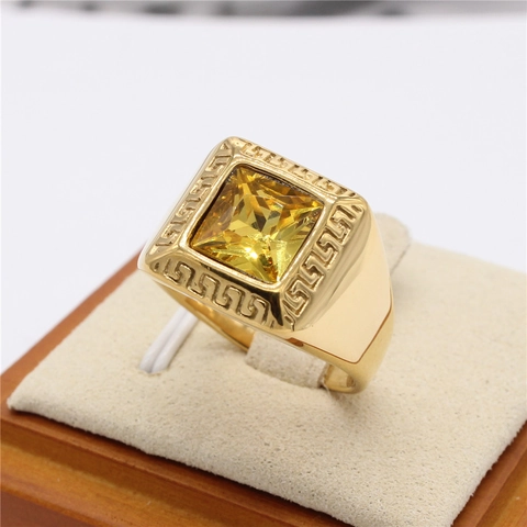 Vintage Barock Titanstahl Ring Für Damen Herren Quadratischer Edelstein Mäander Muster Poliert Galvanisiert Unisex Mode Fingerring Schmuck