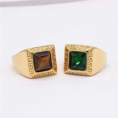 Vintage Barock Titanstahl Ring Für Damen Herren Quadratischer Edelstein Mäander Muster Poliert Galvanisiert Unisex Mode Fingerring Schmuck
