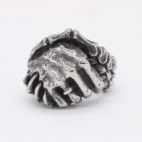 Anillo de Acero de Titanio Vintage Apretón de Manos Hombre Gótico Punk Manos Esqueléticas Abrazo Anillo Retro Oxidado Joyería Regalo