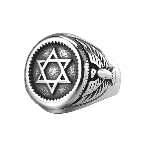 Anillo de Acero de Titanio para Hombre con Hexagrama y Ala de Águila Estilo Punk Vintage Ennegrecido Estrella de David Joyería Religiosa