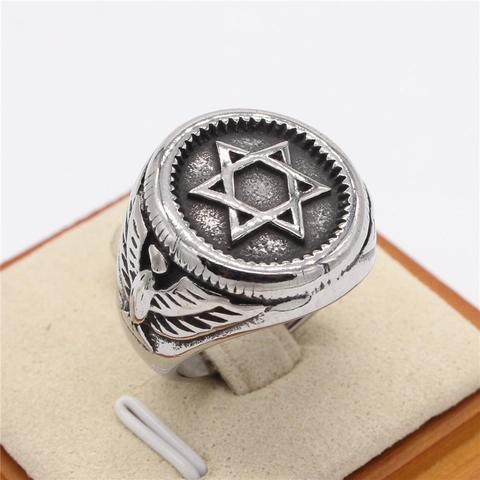 Anillo de Acero de Titanio para Hombre con Hexagrama y Ala de Águila Estilo Punk Vintage Ennegrecido Estrella de David Joyería Religiosa