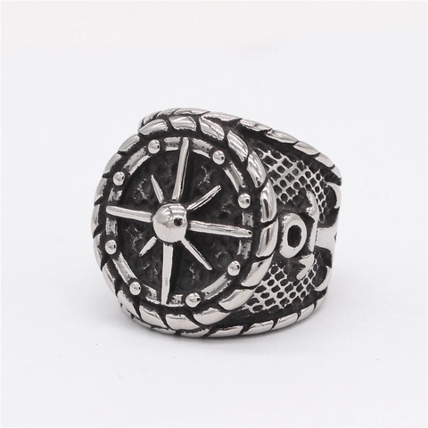Anello Nautico Vintage Ancora Timone da Uomo in Acciaio al Titanio Anello con Sigillo Bussola Retro Gioielli Punk Marinaio