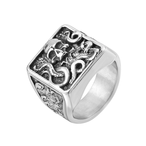 Anello con Sigillo Uomo in Acciaio al Titanio Retro Polpo Teschio Punk Gotico Argento Antico Quadrato Gioielli di Moda