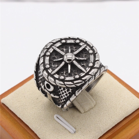 Anello Nautico Vintage Ancora Timone da Uomo in Acciaio al Titanio Anello con Sigillo Bussola Retro Gioielli Punk Marinaio