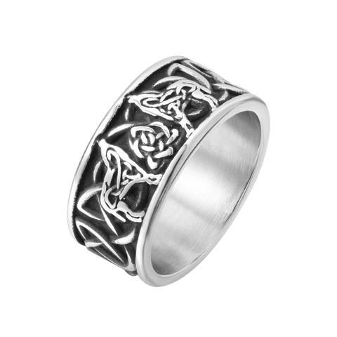 Viking Wolf Celtic Knot Ring For Men Retro Stainless Steel Distressed Band Ring Norse Mythology Punk Style Jewelry Accessory