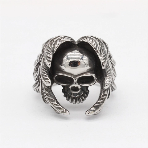 Anello da Uomo Punk Vintage in Acciaio Inossidabile con Teschio e Ali Gioielli Gotici Biker Band Ring Colore Argento Antico