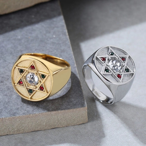Anello Stella di David in Acciaio Inossidabile Vintage per Uomo Donna Con Strass Colorati Intarsiati Anello Religioso
