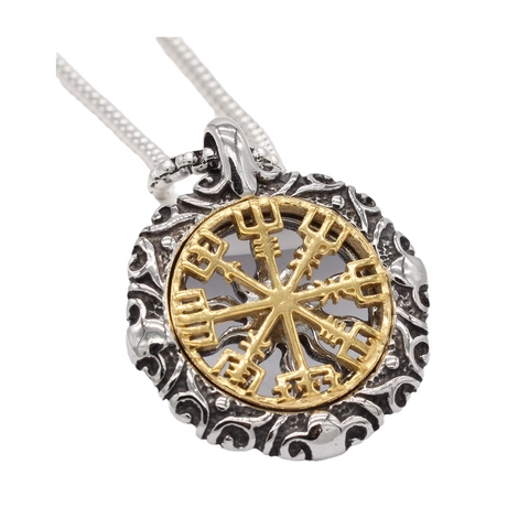 Ciondolo Bussola Vichinga Vegvisir Retro in Acciaio Inossidabile Mitologia Norrena Pendente Tondo Svuotato per Uomo Gioielli