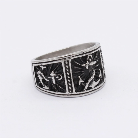 Vintage Anchor Ring Titanium Steel Men Personality Retro Navy Nautical Style Oxidized Distressed Punk Fashion Ring Jewelry