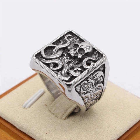 Anello con Sigillo Uomo in Acciaio al Titanio Retro Polpo Teschio Punk Gotico Argento Antico Quadrato Gioielli di Moda