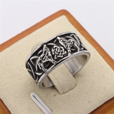 Viking Wolf Celtic Knot Ring For Men Retro Stainless Steel Distressed Band Ring Norse Mythology Punk Style Jewelry Accessory