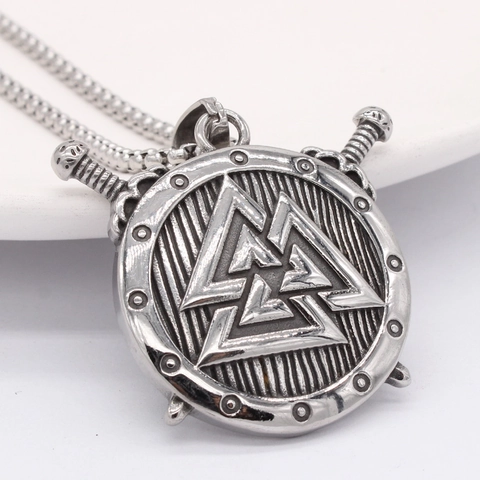 Retro Nordic Viking Valknut Shield Pendant Necklace For Men Stainless Steel Cross Swords Amulet Punk Jewelry Gift
