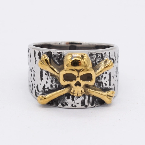 Retro Men Stainless Steel Skull And Crossbones Ring Gothic Punk Distressed Band Ring Pirate Style Jewelry Gold Silver Tone