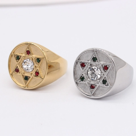 Anello Stella di David in Acciaio Inossidabile Vintage per Uomo Donna Con Strass Colorati Intarsiati Anello Religioso