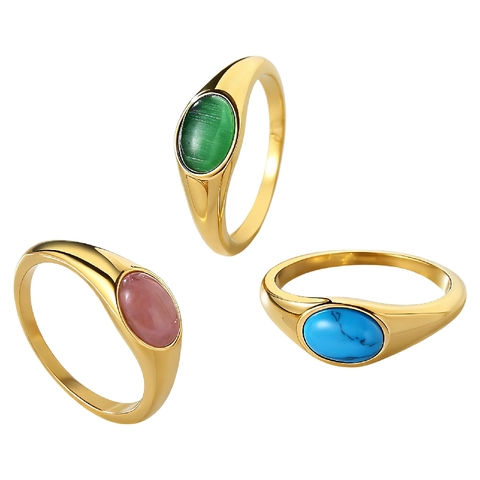 Anelli in Acciaio al Titanio Vintage Ovale Occhio di Gatto Turchese per Donna Anello con Sigillo Retro Gioielli a Mano