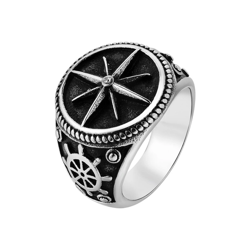 Vintage Nautical Titanium Steel Ring For Men Retro Anchor Helm Compass Signet Ring Oxidized Distressed Punk Rock Finger Ring Jewelry