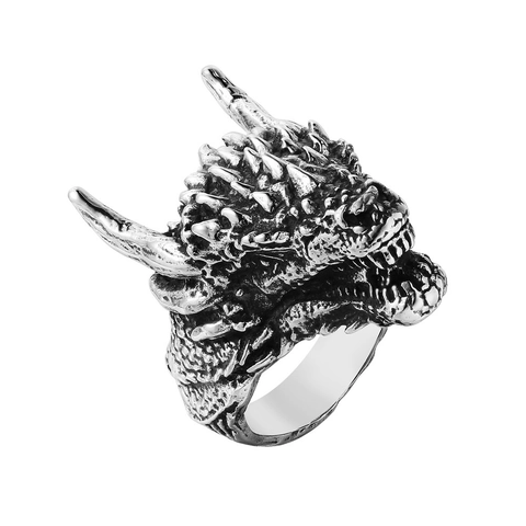 Anello Testa di Drago Retrò Uomo Acciaio al Titanio Vintage Punk Gothic Biker Ring Antico Tono Argento Gioielli Animali Uomo