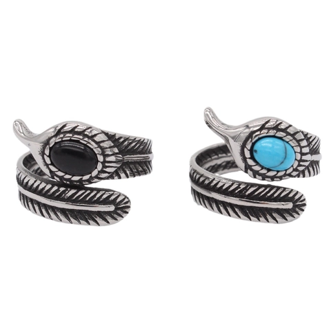 Men's Retro Feather Titanium Steel Ring Vintage Silver Color Blue Turquoise Black Onyx Inlaid Ethnic Punk Band Jewelry