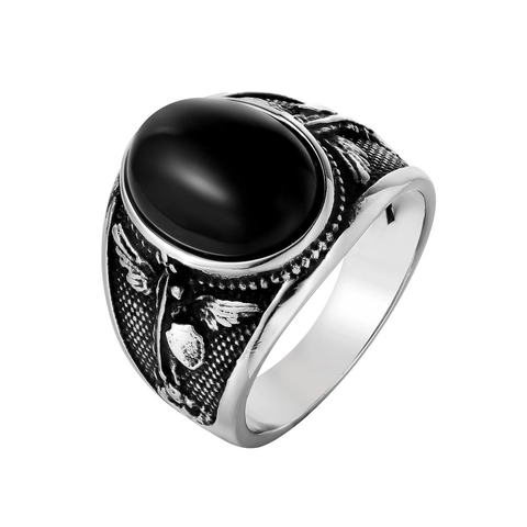Heren Vintage Titaniumstaal Ring Grote Ovale Strass Ingelegd Gotisch Veer Gesneden Antiek Zilveren Sieraden Ring