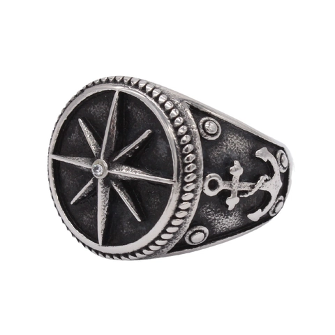 Vintage Nautical Titanium Steel Ring For Men Retro Anchor Helm Compass Signet Ring Oxidized Distressed Punk Rock Finger Ring Jewelry