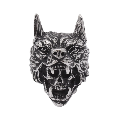 Vintage Wolfskop Schedel Titanium Staal Ring Voor Heren Gotisch Punk Biker Antieke Afwerking Statement Sieraden Bandring