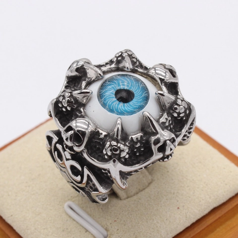 Vintage Gothic Evil Eye Skull Ring For Men Titanium Steel Blue Eye Punk Finger Jewelry Biker Style Retro Accessory Gift