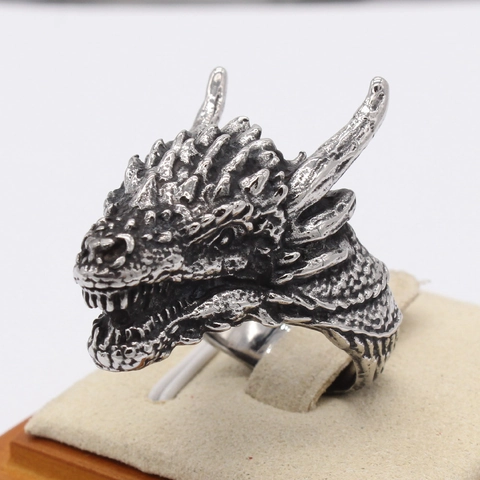 Anello Testa di Drago Retrò Uomo Acciaio al Titanio Vintage Punk Gothic Biker Ring Antico Tono Argento Gioielli Animali Uomo
