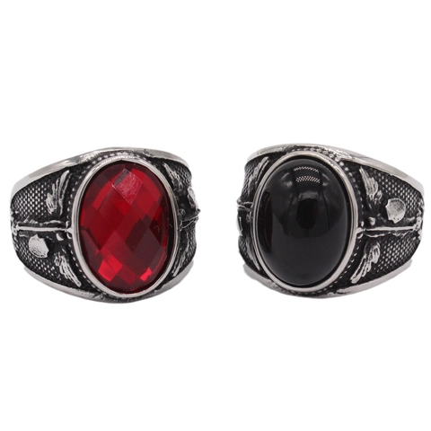 Heren Vintage Titaniumstaal Ring Grote Ovale Strass Ingelegd Gotisch Veer Gesneden Antiek Zilveren Sieraden Ring