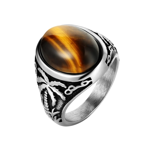 Bague en Acier Inoxydable Avec Pierre Gemme Ovale pour Hommes Femmes Style de Cour Vintage Bague Gravée de Palmier Bijoux