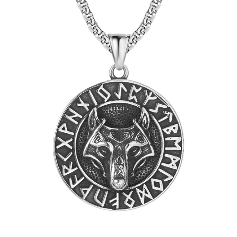 Nordic Viking Wolf Head Pendant Necklace Stainless Steel Runic Circle Retro Antique Silver Tone Men Jewelry