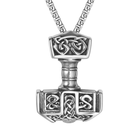 Vintage Titanium Steel Thor's Hammer Pendant Necklace Viking Mjolnir Celtic Knot Retro Distressed Men Jewelry Neckwear