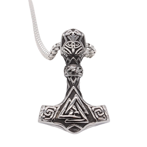 Men Vintage Titanium Steel Viking Thor Hammer Pendant Necklace Nordic Valknut Triangle Retro Silver Punk Norse Jewelry