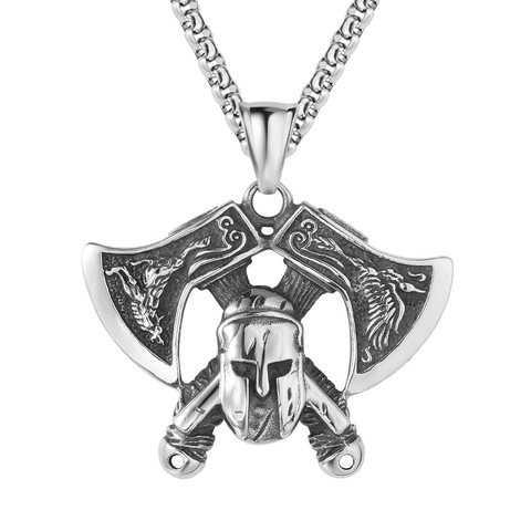 Vintage Nordic Viking Axe Spartan Helmet Pendant Necklace For Men Antique Stainless Steel Retro Warrior Jewelry Personalized Gift