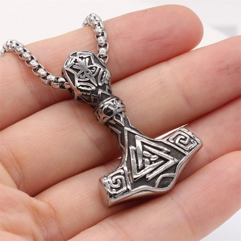Men Vintage Titanium Steel Viking Thor Hammer Pendant Necklace Nordic Valknut Triangle Retro Silver Punk Norse Jewelry