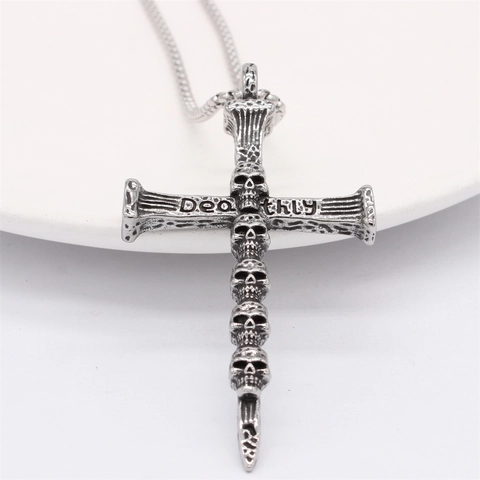 Gothic Skull Cross Pendant Necklace Stainless Steel Antique Retro Punk Deathly Letter Engraved Necklace Men Jewelry