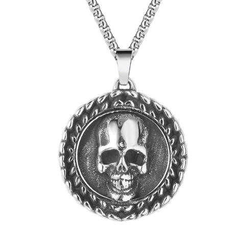 Vintage Punk Skull Pendant Necklace Titanium Steel Round Plate Relief Gothic Jewelry Distressed Style Necklace For Men