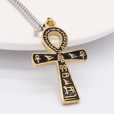 Vintage Ancient Egyptian Anubis Ankh Cross Pendant Necklace Titanium Steel Hieroglyphic Jewelry For Men Boys Gift