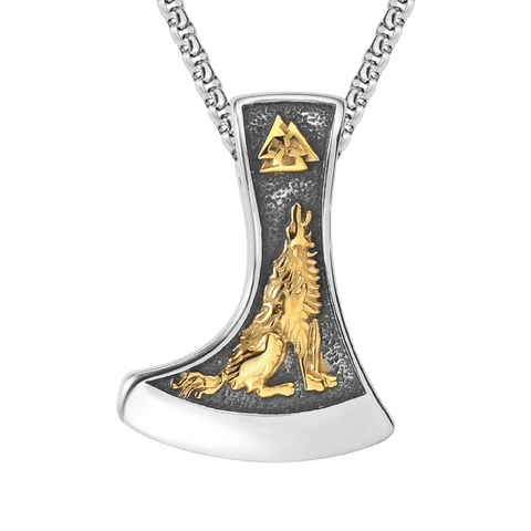 Retro Viking Wolf Axe Pendant For Men Titanium Steel Norse Mythology Valknut Symbol Nordic Warrior Jewelry Pendant Only