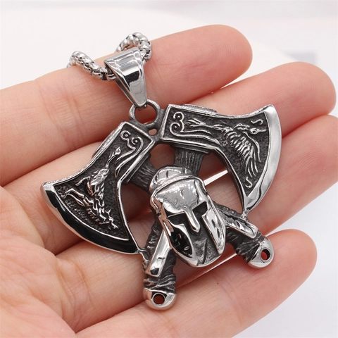 Vintage Nordic Viking Axe Spartan Helmet Pendant Necklace For Men Antique Stainless Steel Retro Warrior Jewelry Personalized Gift