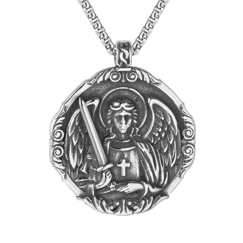 Vintage Stainless Steel Saint Michael Archangel Round Relief Pendant Necklace Distressed Retro Protection Coin Necklace Jewelry