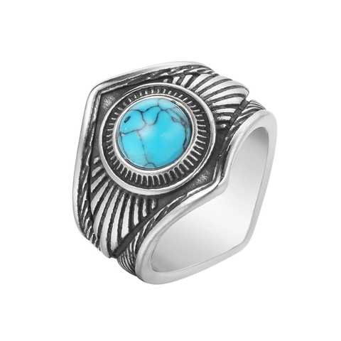 Vintage Heren Titanium Staal Veer Ring Ronde Kunstmatige Turkoois Ingelegde Distressed Punk Biker Stijl Sieraden