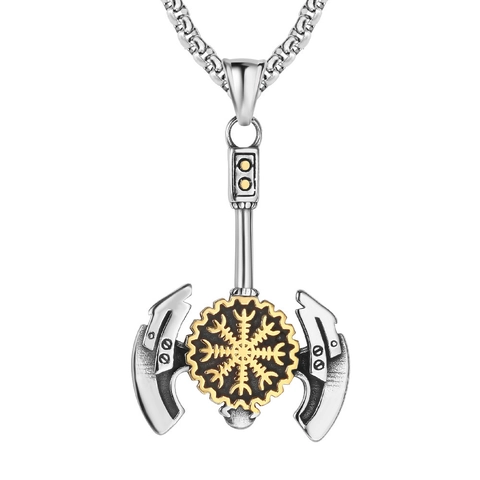 Viking Axe Pendant Men Retro Nordic Vegvisir Compass Rune Titanium Steel Pendant Only Without Chain Biker Jewelry