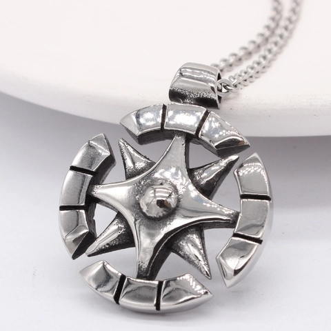 Vintage Compass Star Pendant Titanium Steel Necklace Retro Industrial Punk Style Jewelry For Men Women Daily Accessory