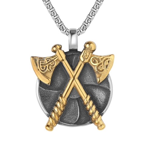 Retro Viking Double Axe Shield Pendant Necklace For Men Stainless Steel Titanium Steel Nordic Warrior Cross Axe Jewelry