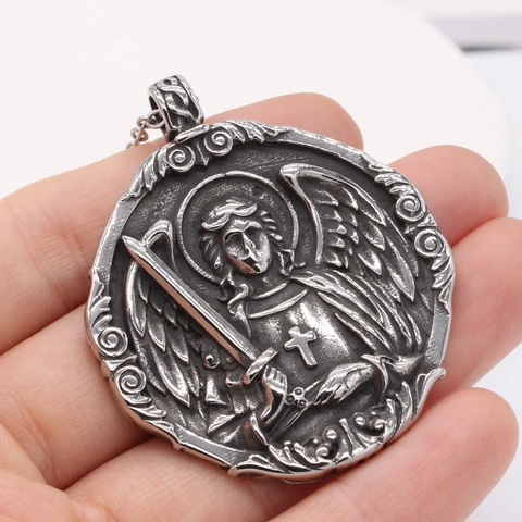 Vintage Stainless Steel Saint Michael Archangel Round Relief Pendant Necklace Distressed Retro Protection Coin Necklace Jewelry