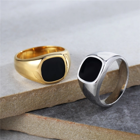 Anello Signet Quadrato in Smalto Nero Minimalista per Uomo Donna Acciaio al Titanio Lucido Gioielli Unisex alla Moda Oro Argento
